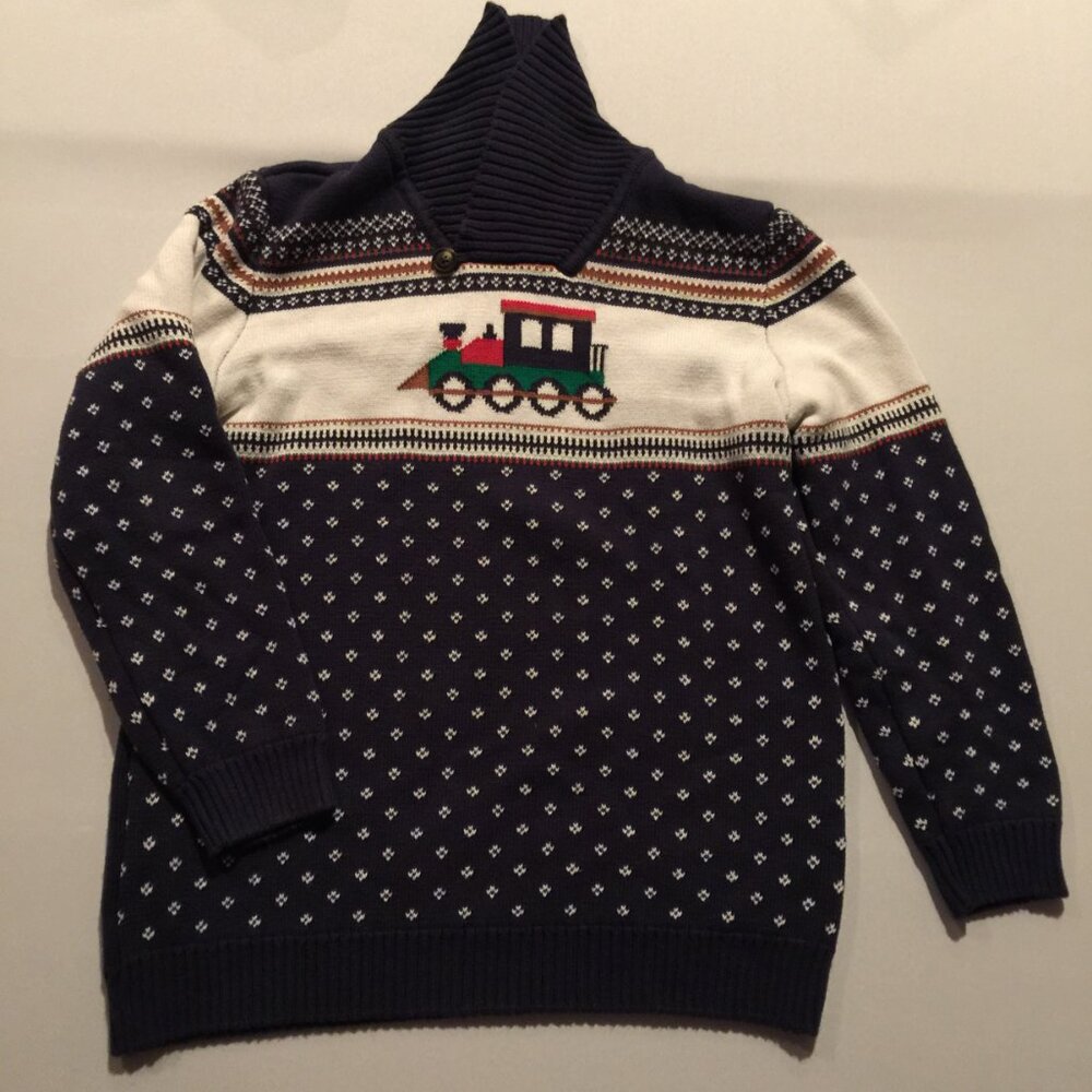Gymboree Boys Sz 12 Christmas Holidays Navy and Cream Train Sweater 100% Cotton